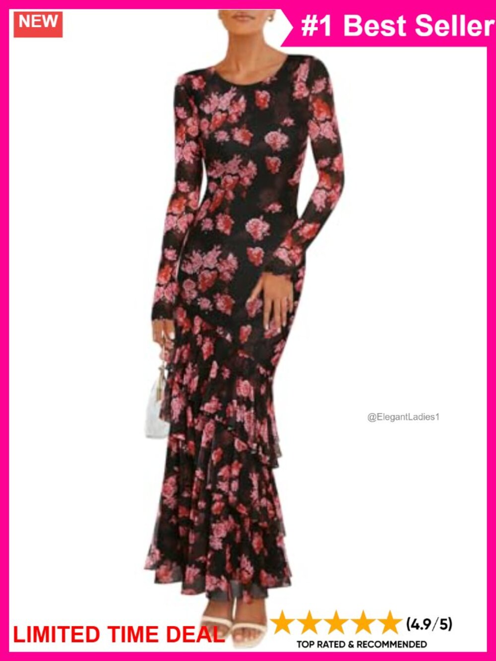 Women's Floral Mesh Long Sleeve Bodycon Maxi Dress Formal Wedding Guest
